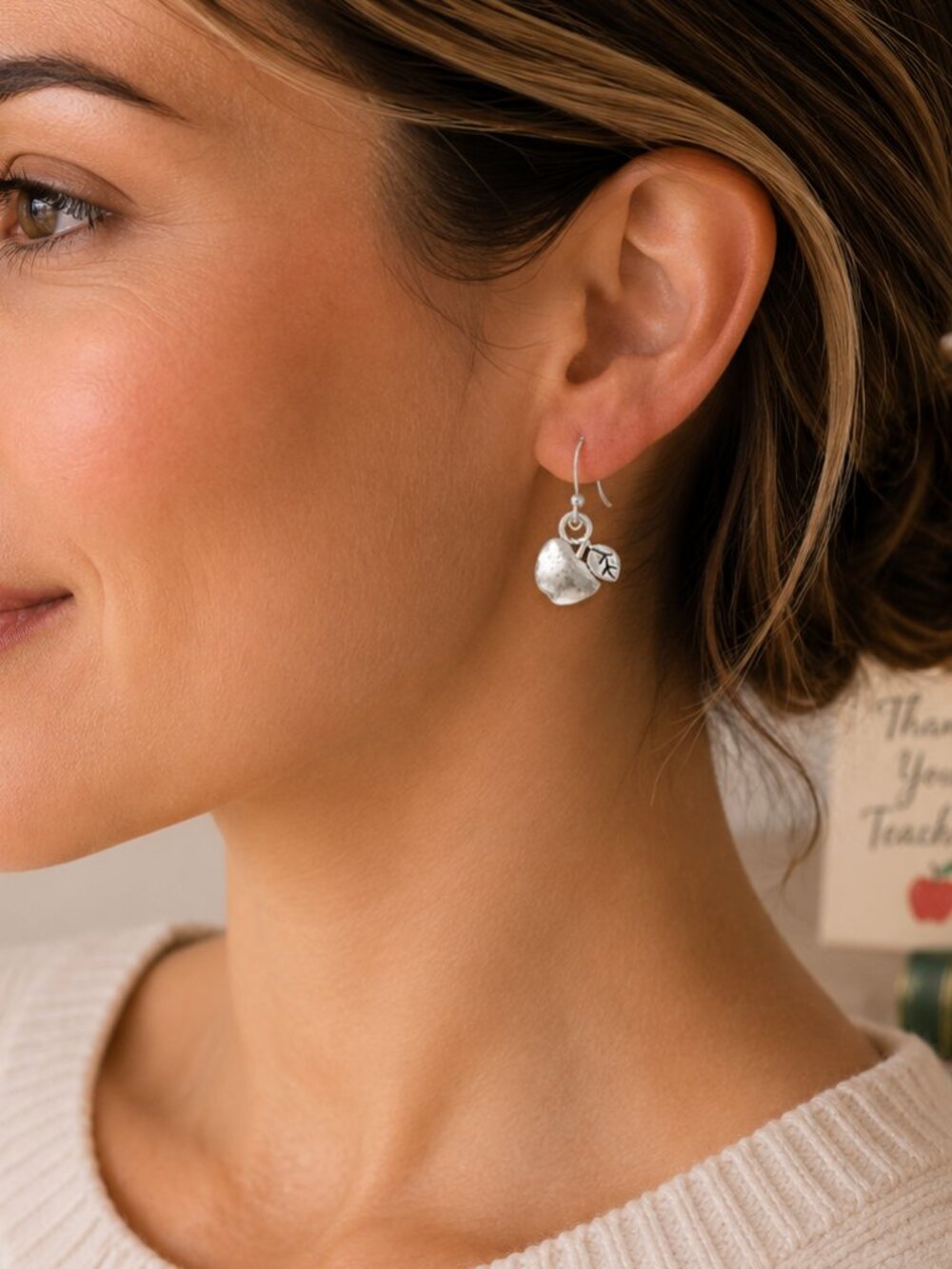 Silver Apple Charm Dangle Earrings Teacher Gift Back to School Jewelry - Picture 2 of 5